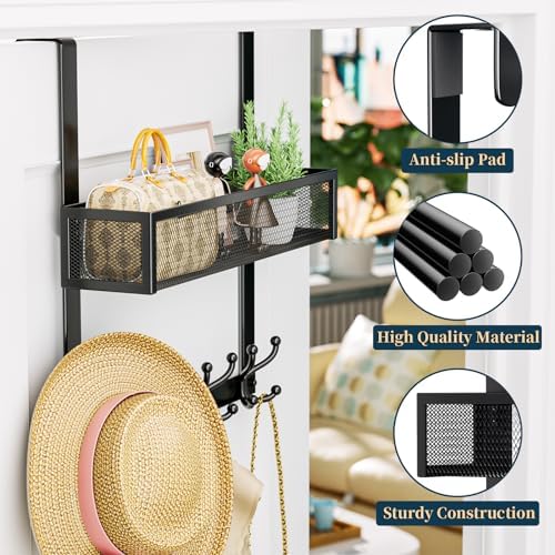 Consumest Over The Door Hooks Organizer - 2 Tier Over Door Hanger with 16 Hooks & 2 Baskets for Hanging Coat, Clothing, Towel, Back Storage for Bathroom, Closet, College Dorm, Black - Image 5