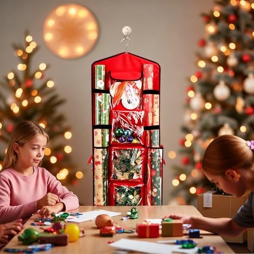 Hanging Wrapping Paper Storage Organizer, Double-Sided Gift Wrap Holder, 360° Rotating Gift Bag Storage Organizer for Your craft, Accessories, Gift Warp Supply, Wrap Ribbon and Stationery (Red) - Image 6