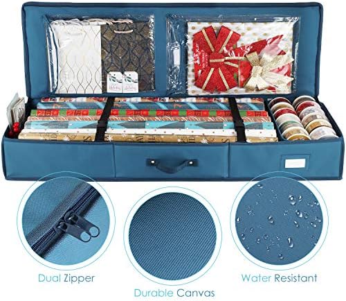 Hearth & Harbor Wrapping Paper Storage Container - Christmas Storage Bag with Interior Pockets - Gift Wrap Organizer Fits Up to 22 Rolls of 40" - Tear Proof, Blue - Image 2