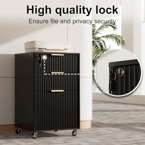 3 Drawers Fluted Mobile File Cabinet with Lock, Rolling File Cabinet Printer Stand Table, Under Desk Wooden Filing Cabinets for Home Office Essentials Storage Organization Furniture Letters/A4(Black) - Image 5