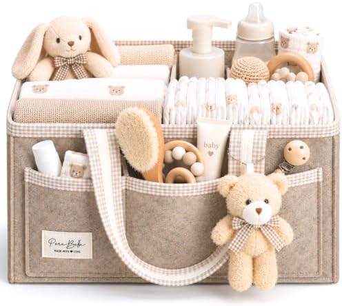 PeraBella Baby Diaper Caddy Organizer, Baby Basket Shower Gift Caddy, Portable Felt Changing Table Basket, Nursery Storage Bin, Newborn Boy and Girl Essentials for Registry, Car Diaper Organizer by PeraBella