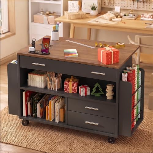 Gift Wrapping Station Cart with Foldable Drop Leaf, Crafting Storage Table by Smilets
