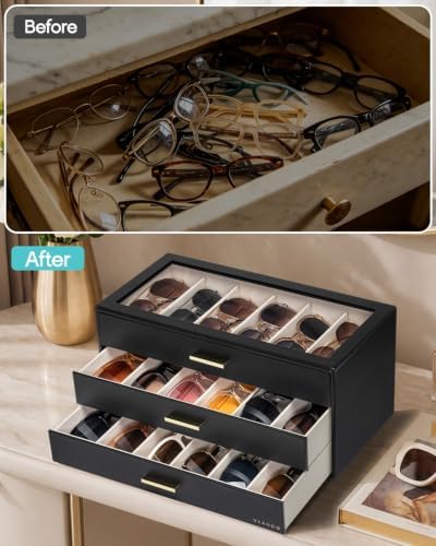 VLANDO 18-Slot Sunglasses Organizer Case with Clear Lid & 3 Drawers,Black - Image 5