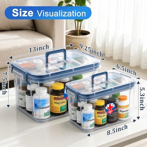 2 Pack Clear Medicine Organizer Box with Handle, Plastic Medicine Container with Tray First Aid Box Empty, Thickened Medicine Storage Organizer Multipurpose Medication Organizer Storage, Blue - Image 2