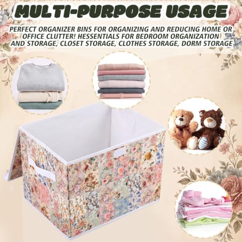 Briwooody Vintage Floral Storage Bin with Lid and Carrying Handle Retro Flower Foldable Storage Box Large Farmhouse Decorative Collapsible Container Basket for Organizing Closet Home Bedroom Gift - Image 4