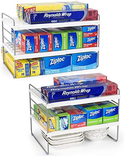 2 Pack Expandable Kitchen Wrap Organizer Rack, Height & Width Adjustable Aluminum Foil and Plastic Wrap Organizer for Pantry, Cabinet Food Wrap Organization and Storage - (3 Tier 9.8 to 15.6"L) by HomeKitchen