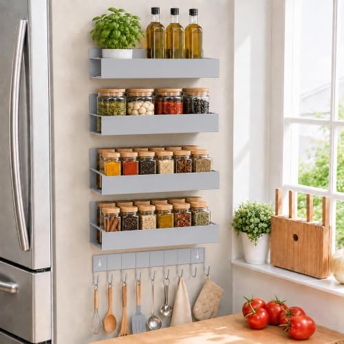 SMRCAD Magnetic Spice Rack 4 Pack with Hook – Heavy-Duty by SMRCAD