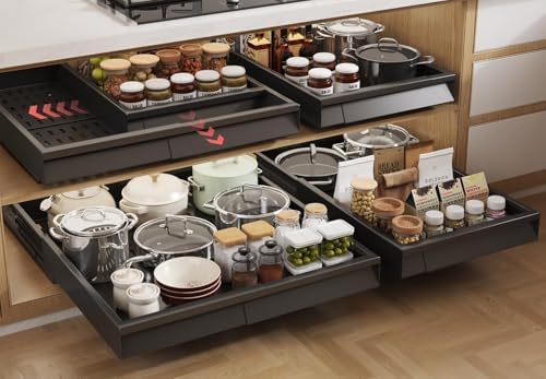 Seinloes Pull Out Cabinet Organizer, 4-Side Expandable to Fit Most Cabinets, 3 Rail Slide Out Drawers with Raising Pad for Framed & Frameless Cabinets, 13"-21" W x 17"-24" D, Black, 4 Pack by Seinloes