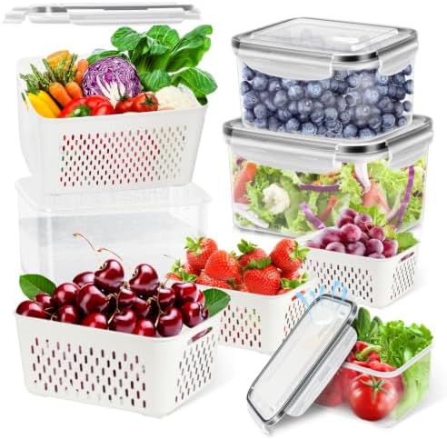 TBMax 8 Pieces Airtight Fruit Storage Containers for Fridge with Air Circulation Vent, 4 Pack Produce Saver with Colander for Berry Lettuce Salad Vegetable Storage, Refrigerator Organizers by TBMax