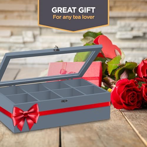 Tea Bag Organizer with Drawer - Gray Bamboo Tea Box Organizer, 8-Compartment Tea Storage Box with Acrylic Lid and Magnetic Closure, Tea Box for Kitchen Counter, Gifts for Mom, Wife, Tea Lovers (Grey) - Image 4