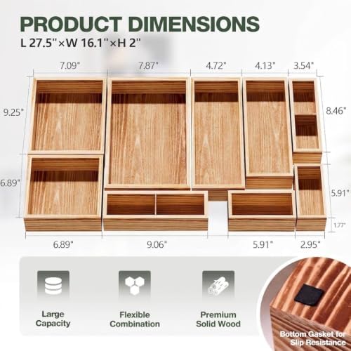 9-Pack Solid Wood Junk Drawer Organizer, Modular Desk Drawer Tray & Accessories with Non-Slip Pad, Multi-Use for Kitchen, Office, Bedroom Dresser, Utensil, Makeup, Stationery, Tea Bags & Coffee Pod - Image 4
