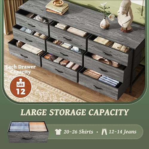 Huuger Long Dresser for Bedroom, 55 Inch TV Stand for 55, 60 Inch TV, Entertainment Center with Drawers, Large Storage Fabric 9 Drawer Dresser, Closet, Grey - Image 4