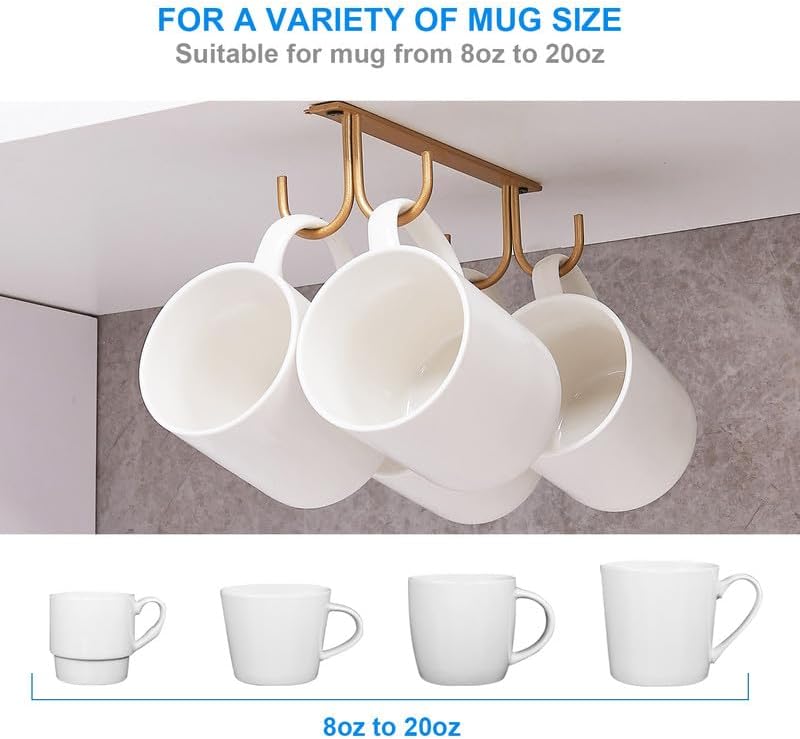 FOMANSH Mug Rack Under Cabinet - Coffee Cup Holder, 8 Mugs Hooks Under Shelf, Display Hanging Cups Drying Hook for Bar Kitchen Utensils Gold - Image 3
