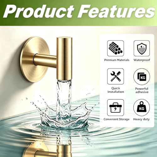Gold Stainless Steel Wall Hooks, Heavy Duty Self-Adhesive Hooks for Coats, Towels, Robes, Hats, Aprons – No Drill Bathroom, Kitchen, Hotel (2 Pack) - Image 5
