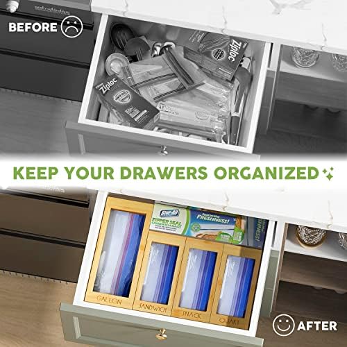 DALSHABET Bamboo Storage Bag Organizer, 4 Separate Food Storage Bags, 12x14 Baggie Organizer Dispenser for All Brands Gallon, Snack, Sandwich & Quart Slider Bags Beige - Image 2