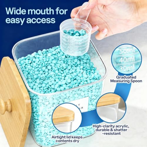 3+1+1 Pack Laundry Pods Containers & Dryer Sheet Holder & Laundry Detergent Dispenser, Laundry Room Organization and Storage with Wooden Lids, Labels and Scoops for Scent Boosters, Powder, Pods - Image 2