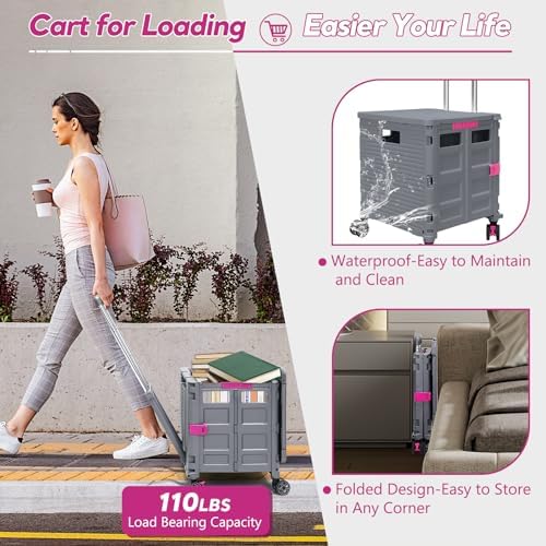 Foldable Utility Cart Rolling Crate Handcart Shopping Cart with Rotate Wheels Extended Magnetic Lid Telescoping Handle Adjustable Angle for Transports Groceries Office Teacher File(Gray) - Image 2
