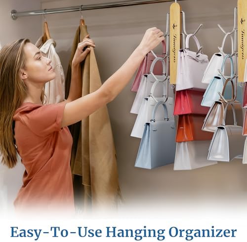 Purse Hanger, 2 Pack Purse Organizer for Closet with 16 Hooks for Heavy Bags, Sturdy Bag Storage, Rotatable Handbag Holder, Purse Rack Space Saving Backpack Hanging Closet Organizer Hangers - Image 2