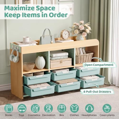 APEXCHASER Toy Storage Organizer with 6 White Bins - Wooden Playroom Storage Cabinet for Toys, Books & Art Supplies, Green - Image 3