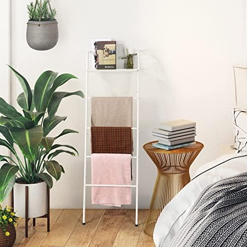 Blanket Ladder with Shelf Farmhouse Towel Rack Holder for Bathroom, White by OYEAL