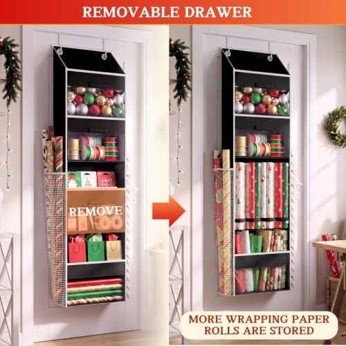 Black Over Door Wrapping Paper Organizer Storage with 3 Removable Drawers & Side Pockets – Dual Use Design with Elastic Straps – Christmas Gift Wrap Storage for Ribbons, Bows,Ornament and Other Tools - Image 4