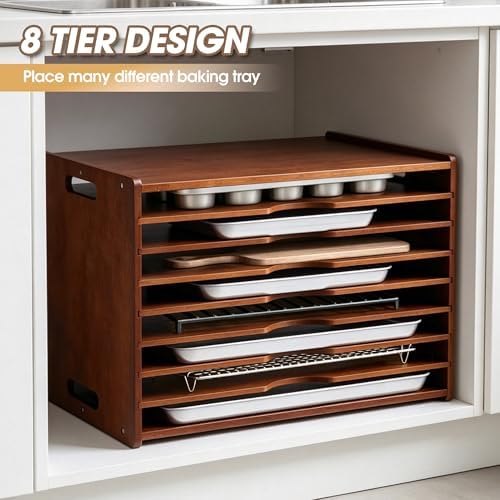 8-Tier Baking Sheet Organizer for Cabinet, 17 x 12 x 14 in Wooden Tray Divider Rack, Bamboo Cutting Board, Pan, Tray and Cookie Sheet Organizer for Kitchen Storage - Image 7