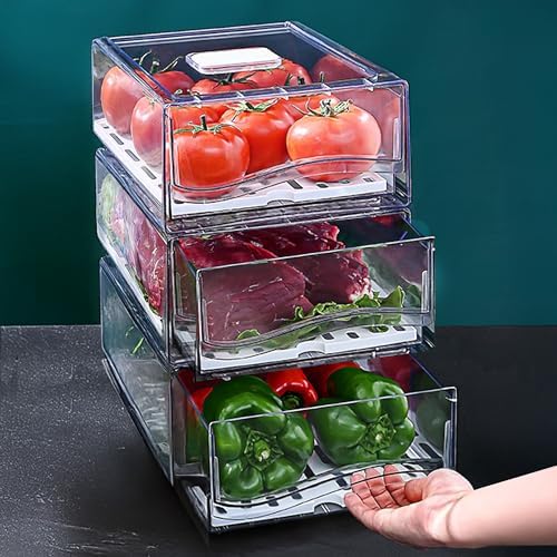 Fridge Organizers and Storage, BPA-Free Large Capacity Stackable Clear Fridge Organizer, With Strainer Layer Keep Fruits, Vegetables and Meat Fresh in refrigerator, freezer, Food Storage ( 2 Drawers) by bealy