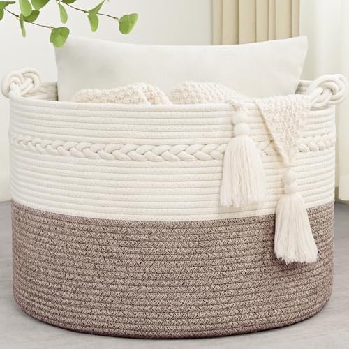 67L Large Blanket Basket, 20"x13" Woven Storage Baskets With Handle, Cotton Rope Blanket Basket Living Room, Baby Laundry hamper for Blanket, Nursery, Toy, Pillow (White & Oatmeal) by Degeyoyo