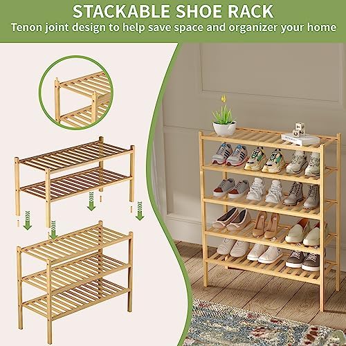 ROMGUAR CRAFT 2 Tier Bamboo Shoe Rack for Closet Free Standing Wood Shoe Shelf for Entryway Small Space Stackable 27"x11"x13" (Natural) - Image 5