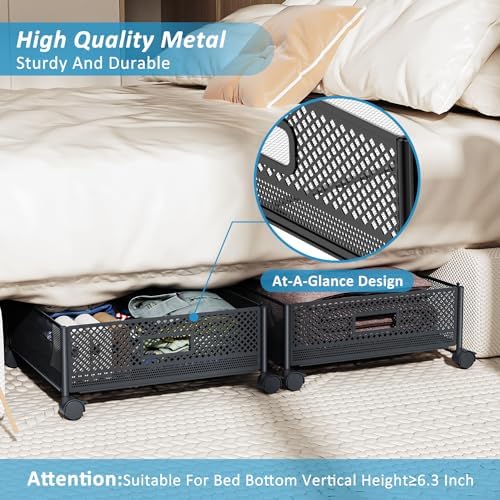 Under Bed Storage with Wheels 47.2"(L)/57.6L Large Rolling Under Bed Storage, Metal Underbed Containers on Wheels, Tool-Free Assembly Foldable Metal Underbed Drawers for Shoes Clothes Toys - Image 5