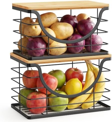 ALOCEO 2 Pack Stackable Storage Basket with Bamboo Lid, Large Trash Bag Holder for 13/30/33 Gallon Bags, Stainless Steel Kitchen Storage Bins for Potato and Onion, Black by ALOCEOWallHooksAdhesive