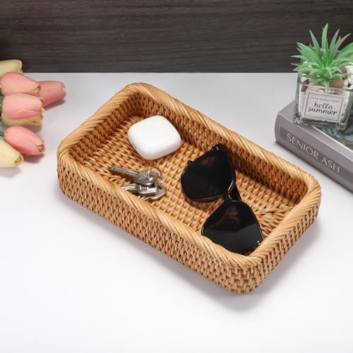 Hipiwe Natural Rattan Tray Key Basket for Entryway Rectangle Wicker Trays - Image 7