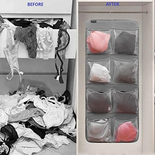 Dual-Sided Hanging Closet Organizer for Socks Underwear Bra Kids Storage Organizer for Baby Clothes Toddler Shoes with 26 Pockets (Grey-Mesh Pockets) - Image 4