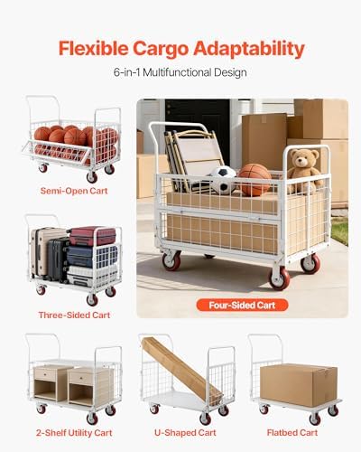 VEVOR Platform Truck Cart with Cage, 2000 lbs Capacity, 6-in-1 Foldable Flatbed Cart with Swivel Wheels, Heavy Duty Hand Truck, Multi-Functional Push Dolly, for Grocery Laundry, 44.5 x 26.6 x 42.1 in - Image 4