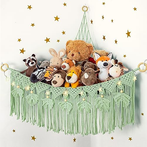 Macrame Stuffed Animal Storage with Star Light, Corner Hammock for Nursery by ANROYE