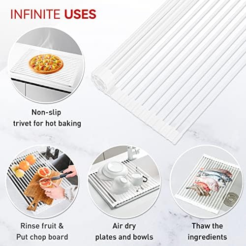 MERRYBOX Roll Up Dish Drying Rack Silicone Wrapped Over The Sink Dish Rack Foldable Dish Drainer Anti-Slip Dish Racks for Kitchen Counter, Multipurpose Kitchen Sink Drying Rack, 20.5" x 13", White - Image 3