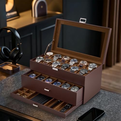 ProCase 3-Layer Watch Box with Glass Lid for Men, 24-Slot, Brown - Image 6