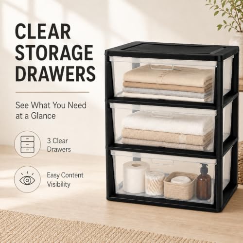 Plastic Storage Drawers, 3 Drawer Tower with Clear Removable Bins, Black - Image 3