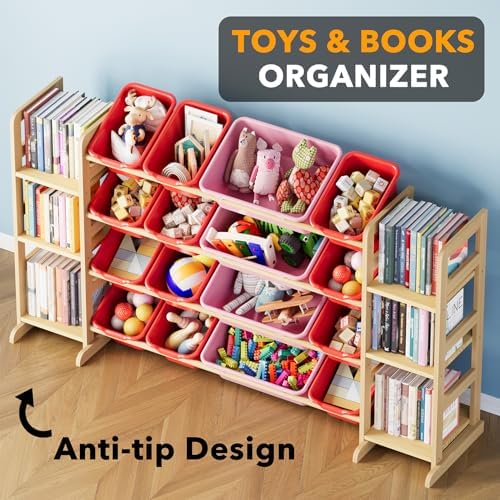 SpaceAid Toy Storage Organizer with 6 Shelves and 16 Bins, Toy Organizers Storage Bookshelf, Kids Bin Shelf Toys Box Bookcase for Bedroom Playroom Organization Room Decor, Red and Pink - Image 4