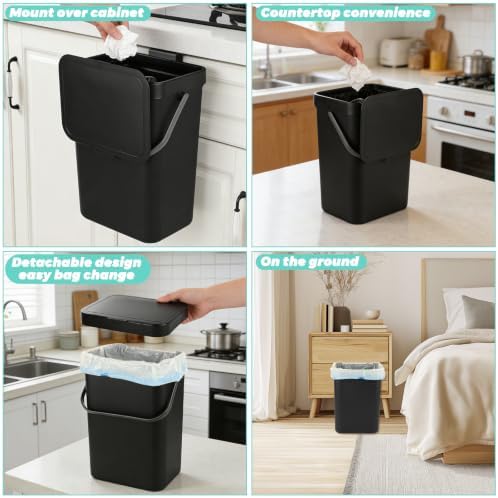 WOPPLXY Hanging Trash Can with Lid, 3.2 Gallon Kitchen Hanging Garbage Can with Lid, Wall-Mounted Garbage Can for Cabinet, Under Sink, Bathroom, Bedroom, Office(1 Pack,12 L,Black) - Image 6