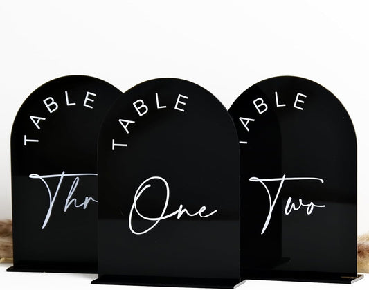 Black Arch Wedding Table Numbers with Stands 1-30, 5x7 Inch Black Acrylic Arch Sign with Holder, Arched Acrylic Table Numbers for Wedding Reception (1-30, 5"x7")