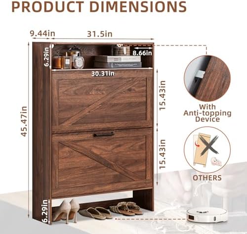 RWYHG Shoe Cabinet with 2 Flip Drawers, Narrow Entryway Organizer,Walnut - Image 2