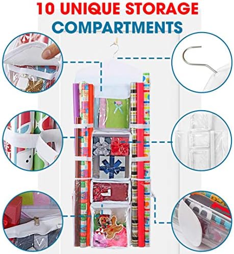 ProPik Hanging Double Sided Wrapping Paper Storage Organizer With Multiple Front And Back Pockets Organize Your Gift Wrap & Gift Bags Bows Ribbons 40”X17" Fits 40 Inch Rolls (White) - Image 4