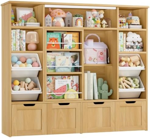 FINETONES Toy Storage with Sliding Bookshelf, Toy Organizer with 4 Bins by finetones