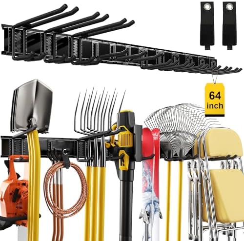 64" Garage Wall Tool Organizer, 900 Lbs Heavy Duty Steel Garden Tool Storage Rack & Garage Organization for Yard, Shed, Garage - 12 Longer & Thicker Hooks + 2 Straps by YZSFMZGE