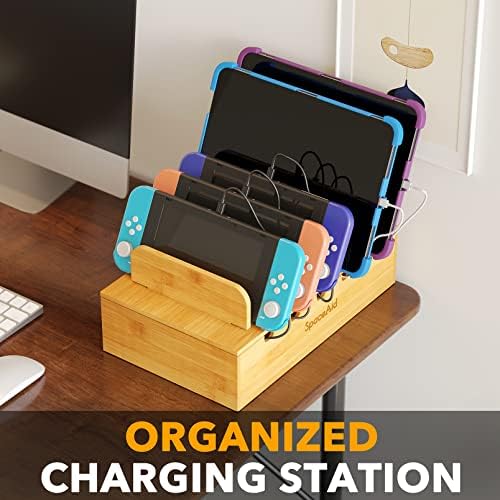 SpaceAid Bamboo Charging Station for Multiple Devices, Cell Phone Docking Stations for Multi Laptop, Tablets and iPads, Nightstand Bedside Desk Device Charger Organizer (Natural) - Image 2