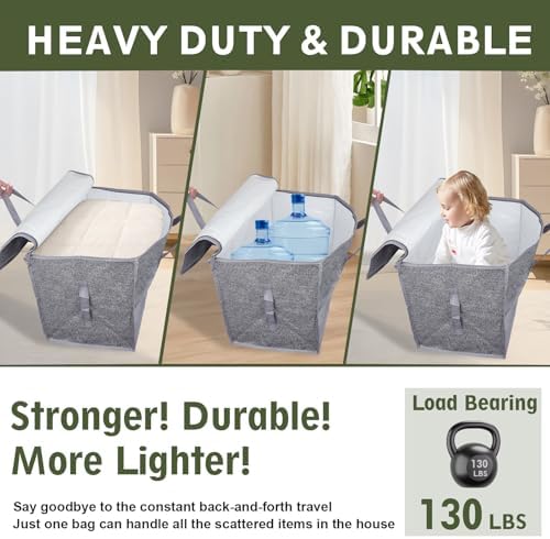4 Pack Extra Large Moving Bags Heavy Duty 180GSM,130LBS 100L Totes with Visible Window, Zippers & Wrap-Around Handles, Waterproof Reusable, Alt to Moving Boxes, Gray - Image 3