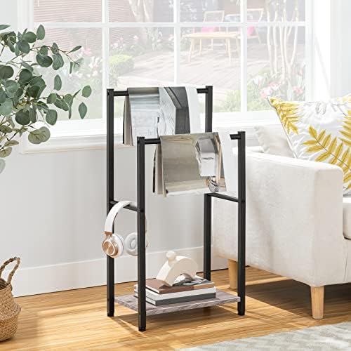 HOOBRO Freestanding Towel Rack, 2 Tier Blanket Ladder Holder for Bathroom, 16.5" L x 9.4" W x 31.5" H, Blanket Rack, Industrial Drying and Display Rack with Shelf, Metal, Greige and Black BG02LB01 - Image 3