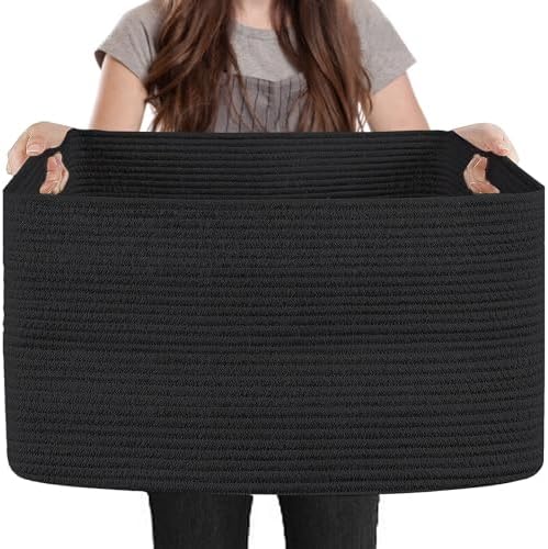 MEGASKET Extra Large Basket for Blankets, 23.6" x 17" x 12" Black Blanket Storage for Living Room, Big Cotton Rope Pillow Holder, Rectangle Kid Dog Toy Bin Box, Woven Laundry Basket, Shoe Bin Entryway by MEGASKET