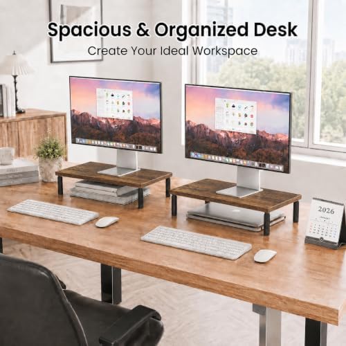 OPNICE Adjustable Monitor Stand Riser for Desk, Wood Computer & Laptop Stand, Desk Organizers and Accessories, Office Desk Accessories & Workspace Organizer for Home Office Supplies, Brown - Image 3